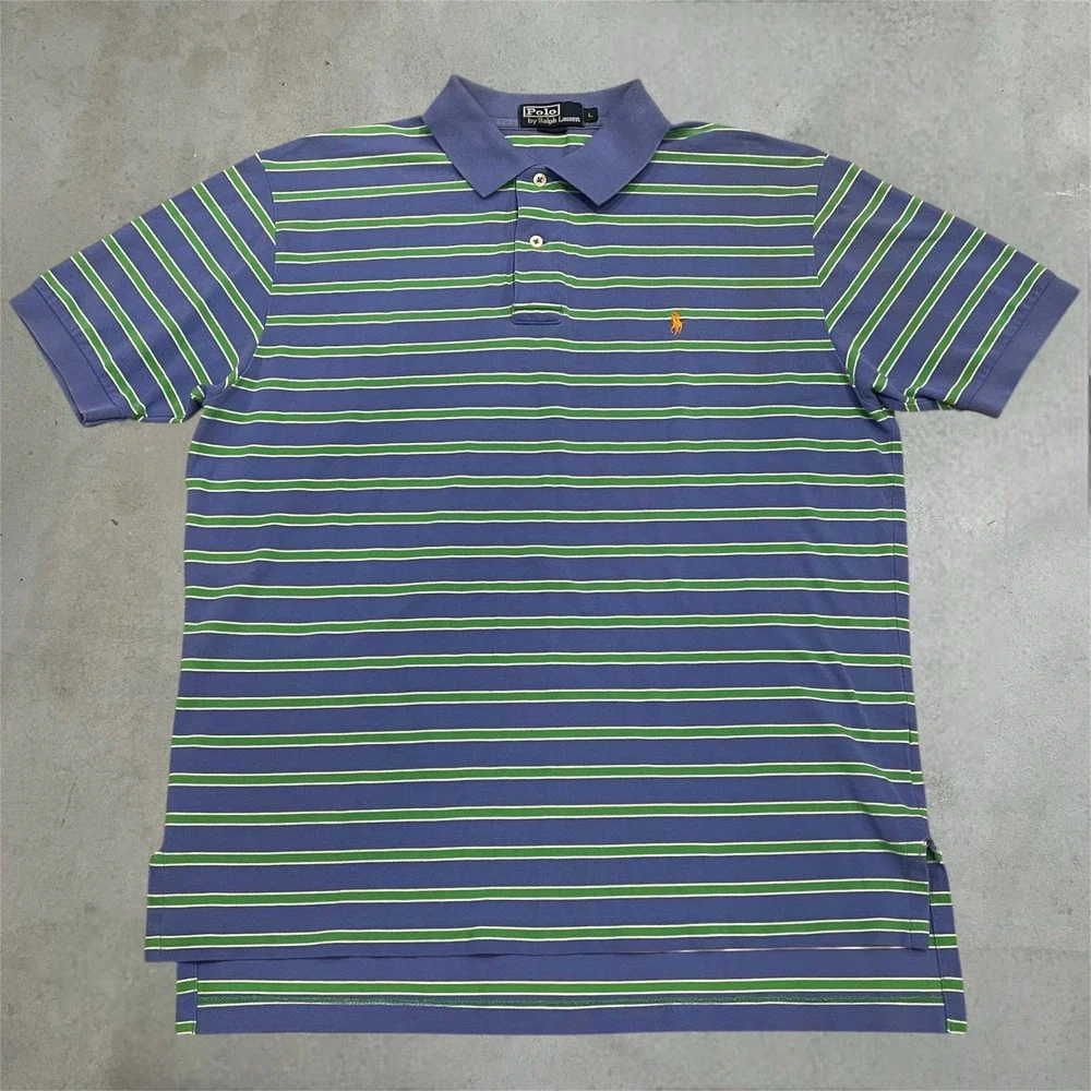 Polo Ralph Lauren Polo Shirt Mens L Blue Green Striped Short Sleeve Pique Cotton